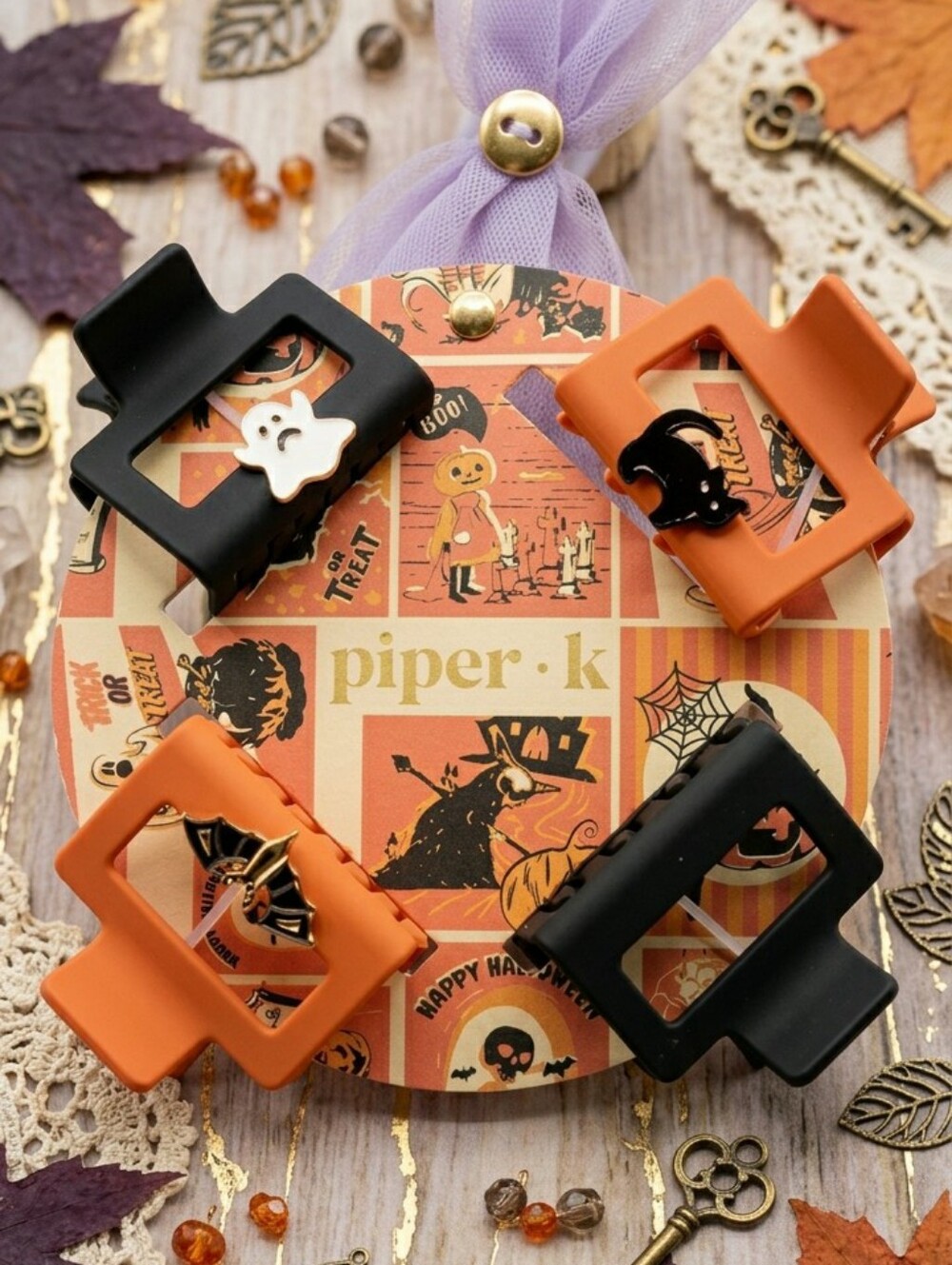 Piper•K Orange & Black Halloween Square Hair Clips with Enamel Charms